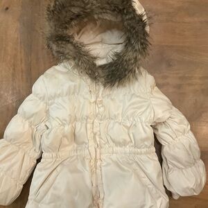 Cream Puffer Jacket with Faux Fur Hood